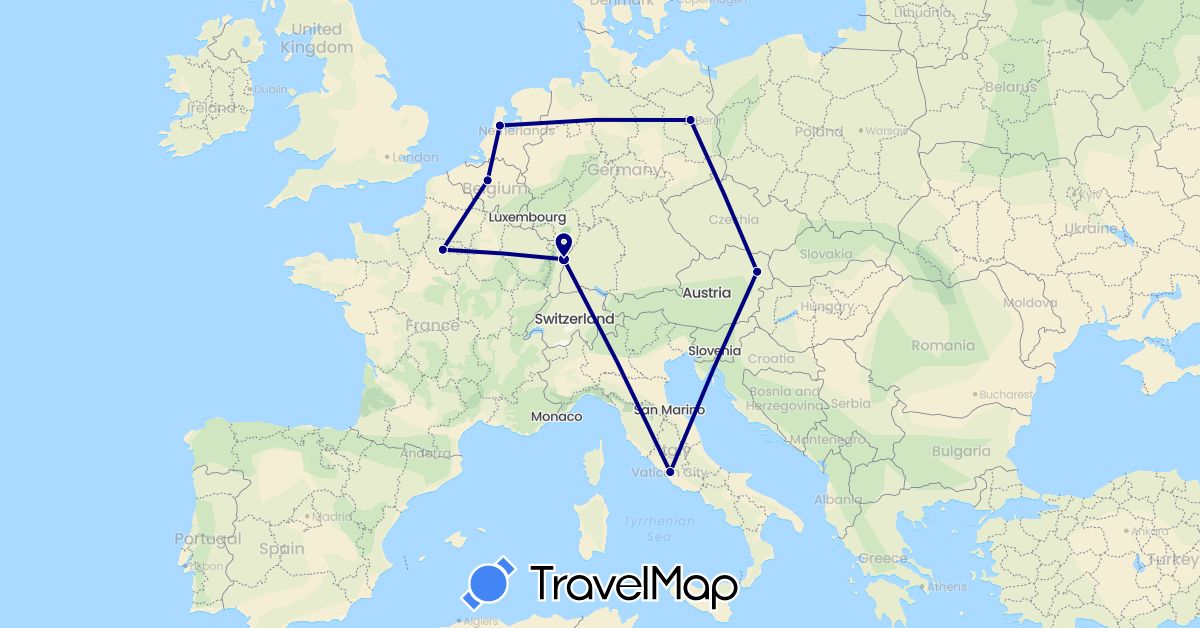 TravelMap itinerary: driving in Austria, Belgium, Germany, France, Italy, Netherlands (Europe)